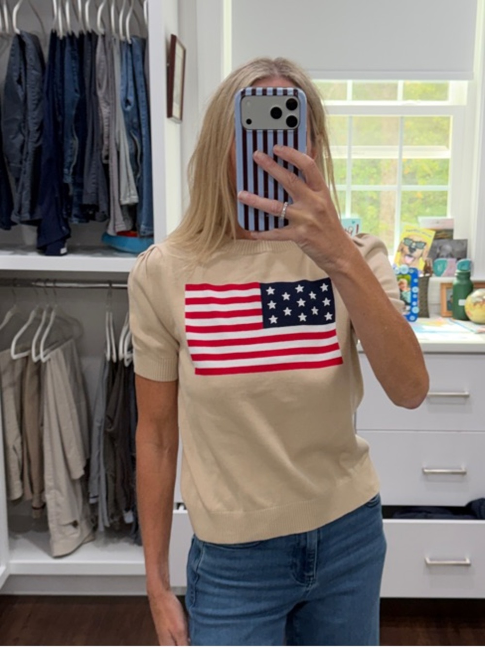 Duffield Lane Beige Short Sleeve Lightweight Sweater with American Flag XS NWT